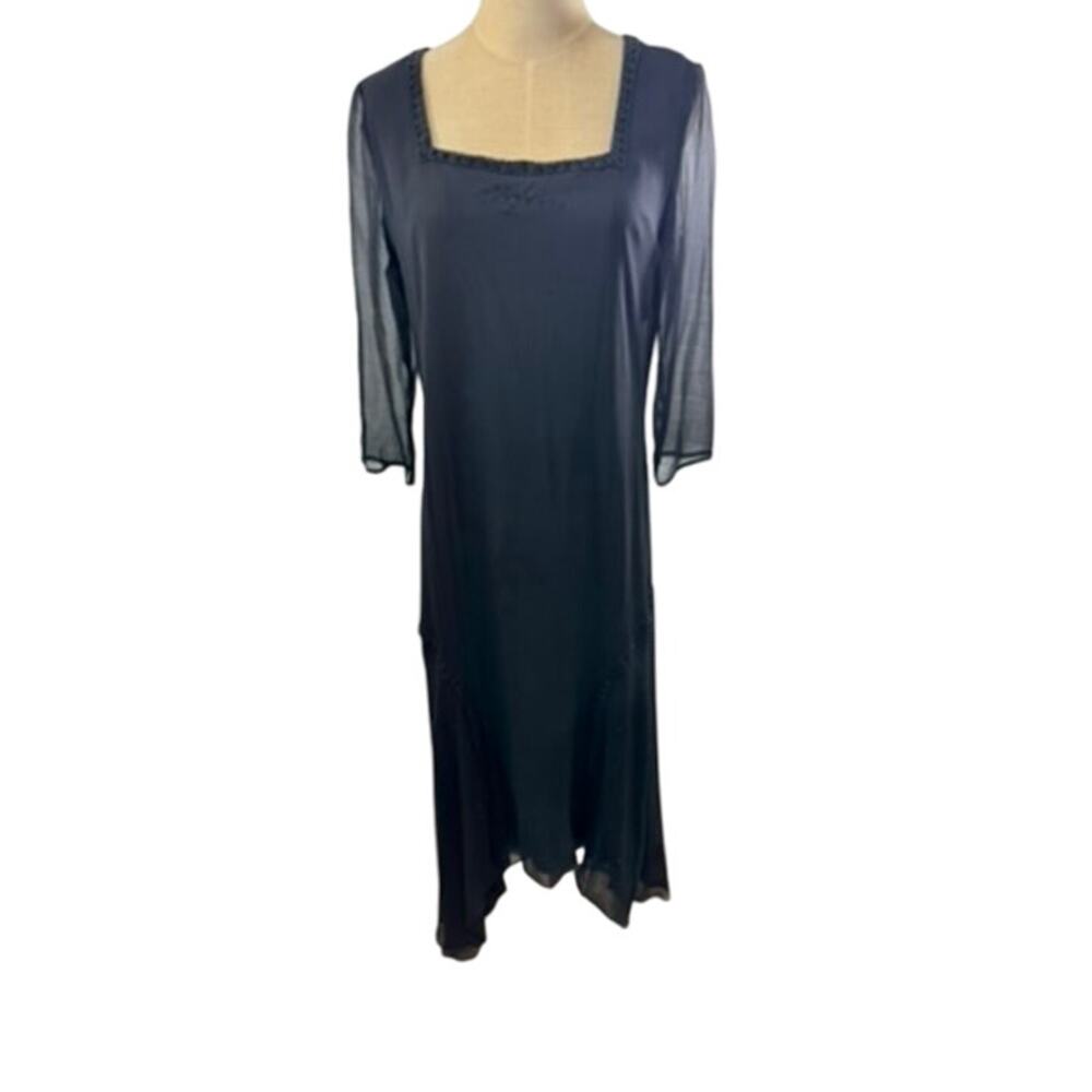 NWT!! "WEDNESDAY'S CHILD" Blk 100% Silk Sheer Beaded Dress Goth  Hi Low Hem SZ M